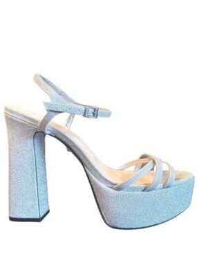 SCHUTZ Silver Mini Shine Platform Sandals Metallic Glitter Block Heel